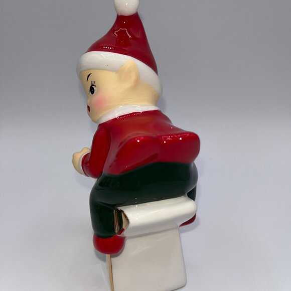Retro Ceramic Red Elf Pixie Santa's Helper Sitting on a Golden Star Christmas - Picture 4 of 10